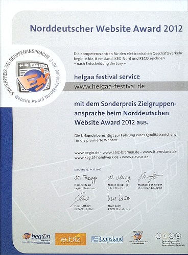 Norddeutscher Website-Award Urkunde 2012