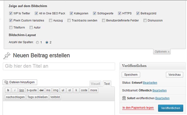 Screenshot WordPress-Optionen