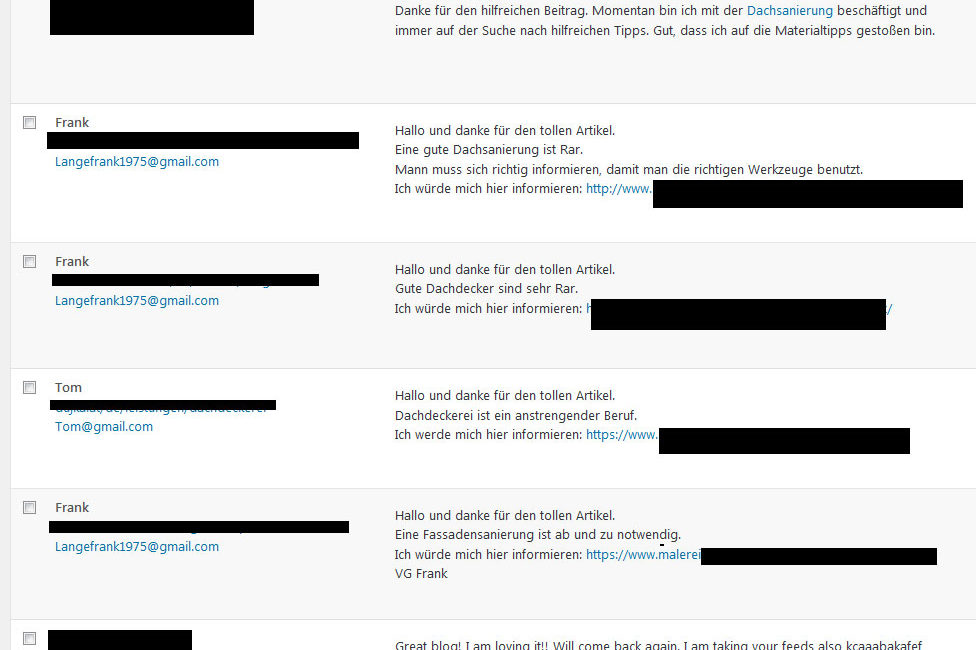 Spam-Kommentare im Handerwerker-Blog