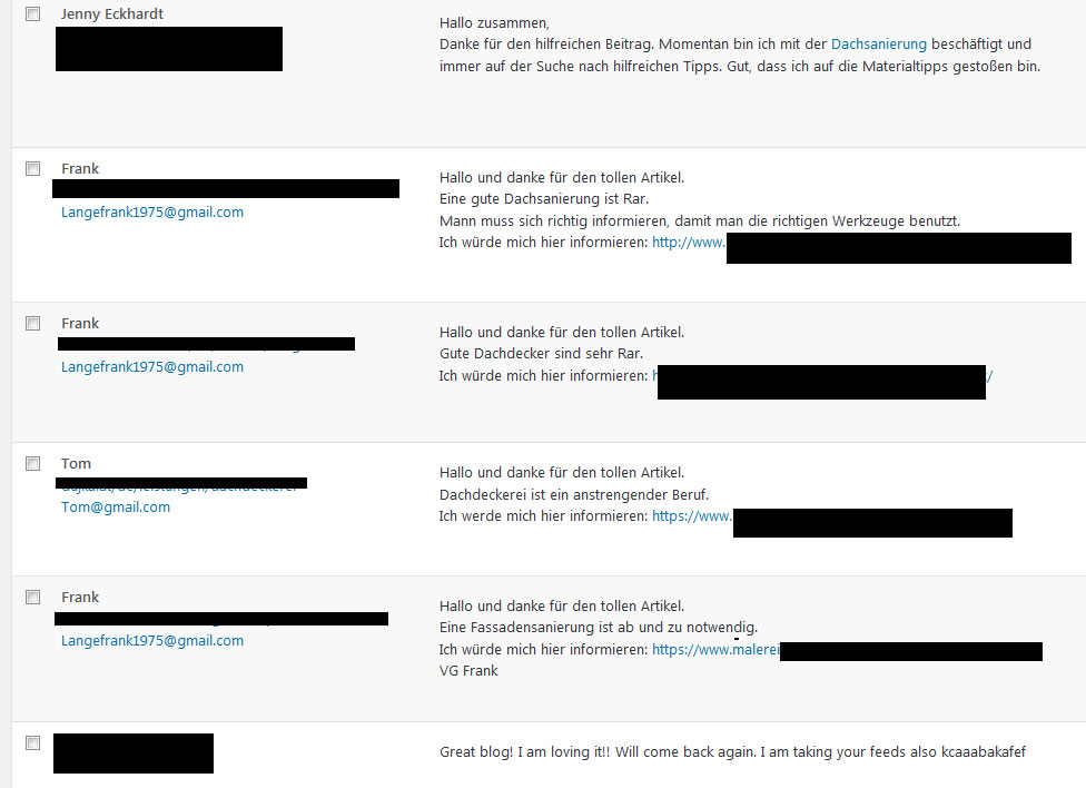 Spam Kommentare in Handerwerker Blogs