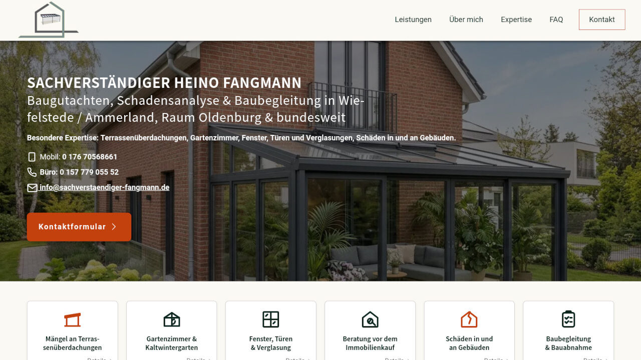 Screenshot Sachverständigenbüro Fangmann Wiefelstede Ammerland Baugutachten Schadensanalyse & Baubegleitung