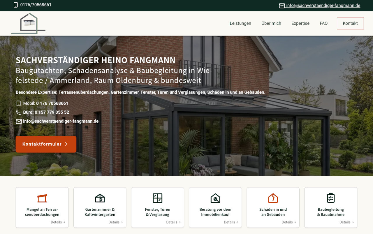 Screenshot Sachverständigenbüro Fangmann Wiefelstede Ammerland Baugutachten Schadensanalyse & Baubegleitung